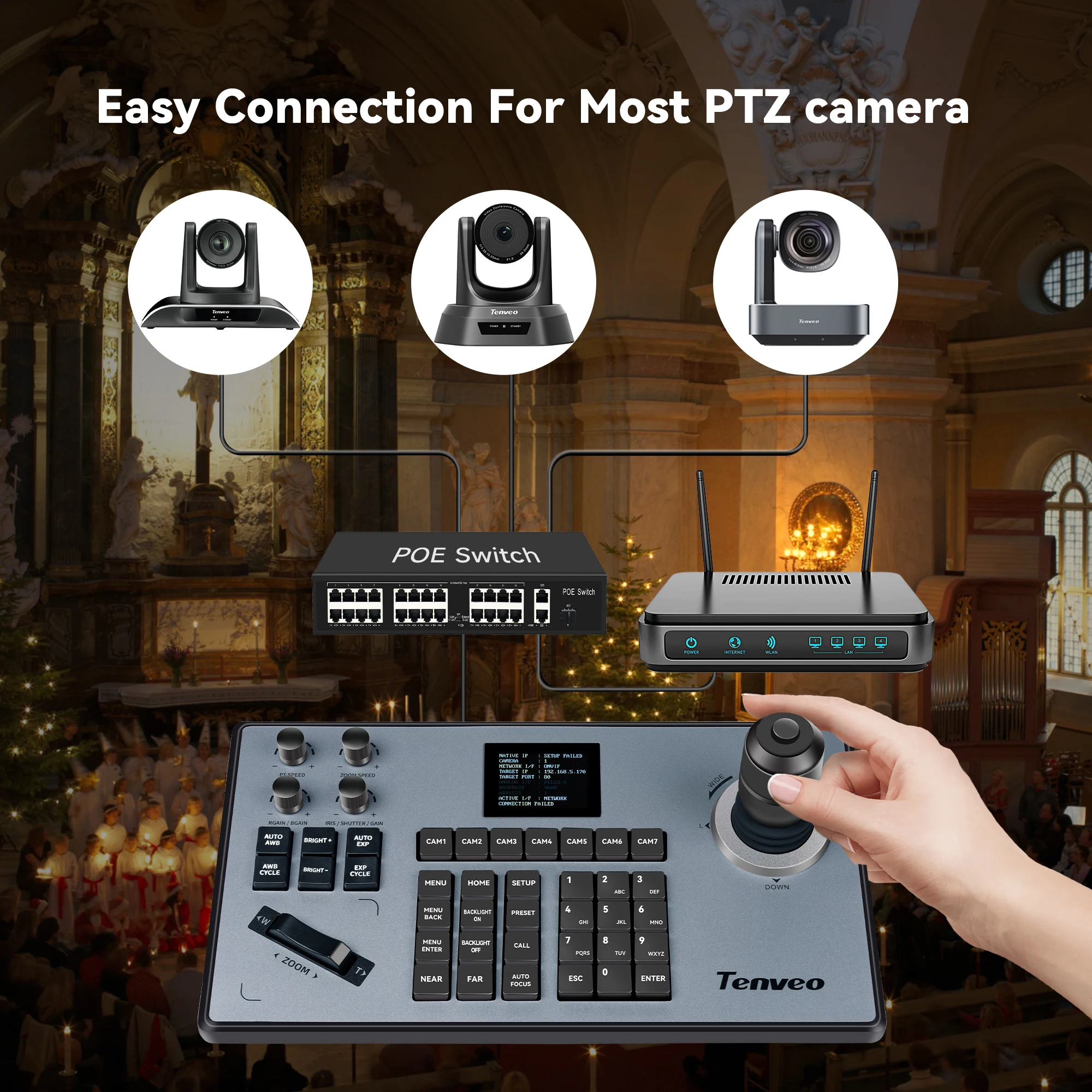 Tenveo video conference system VL12U+KB200 ptz optics 12x camera 8.29MP HDMI, USB3.0 C, RJ45 and 4D joystick controller for live
