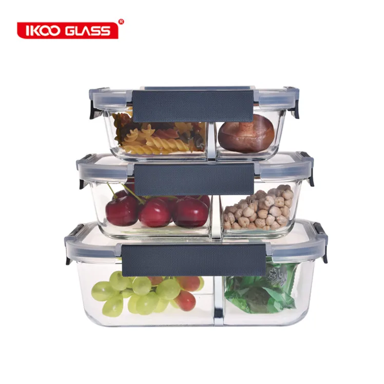 high grade flat glass lunch box with divider of most classical hot selling lid