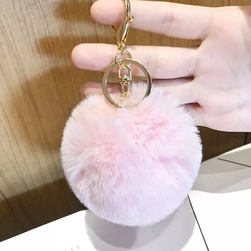 Furry Puff Ball Faux Rabbit Pink Fur Ball Pom Pom Keychain For Women And Girls