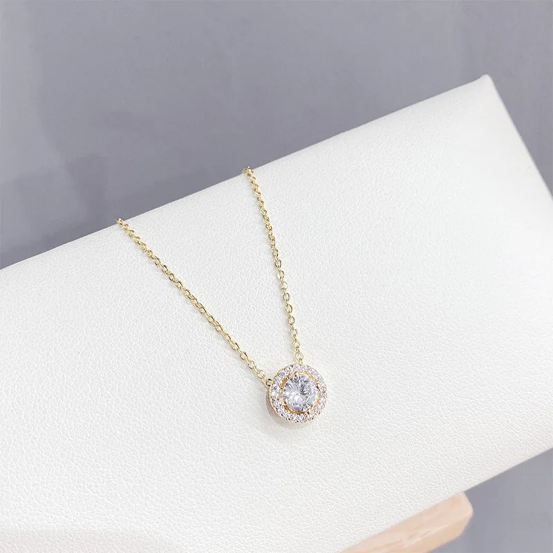 Women Jewelry Gold Plated Choker Necklace Classic Round Cubic Zirconia Pendant