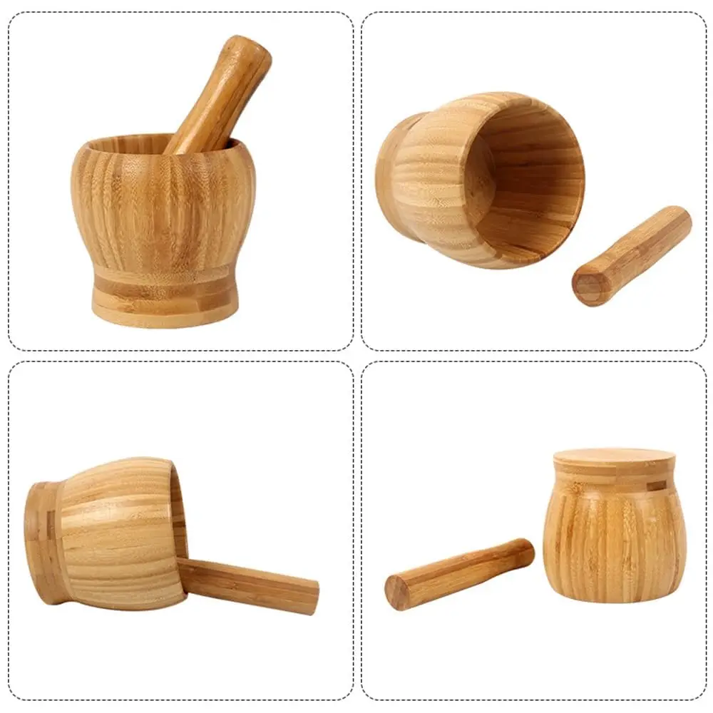 Bamboo Mortar and Pestle, Wooden Spice Grinder Tools Kitchen Utensil, Perfect To Grinding Garlic/Herb/Pill/Crushing Sesame Seeds