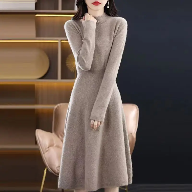 2024 Spring new arrival fashion lady middle high neck long sleeve slim fit high waist loose hip women sweater dress