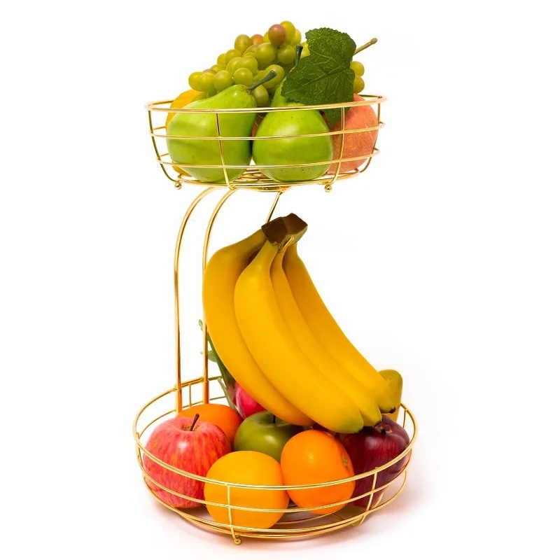 Iron 2-Tier Countertop Fruit Vegetables Basket Bowl Storage With Banana Hanger Black 64 ounces