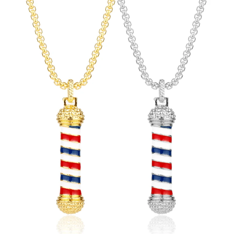 Barber Shop Pole 3D Barber Pole Pendant Necklace luxurious Long Chain Necklace Barber Hairdresser Souvenir Collier for Unisex-30