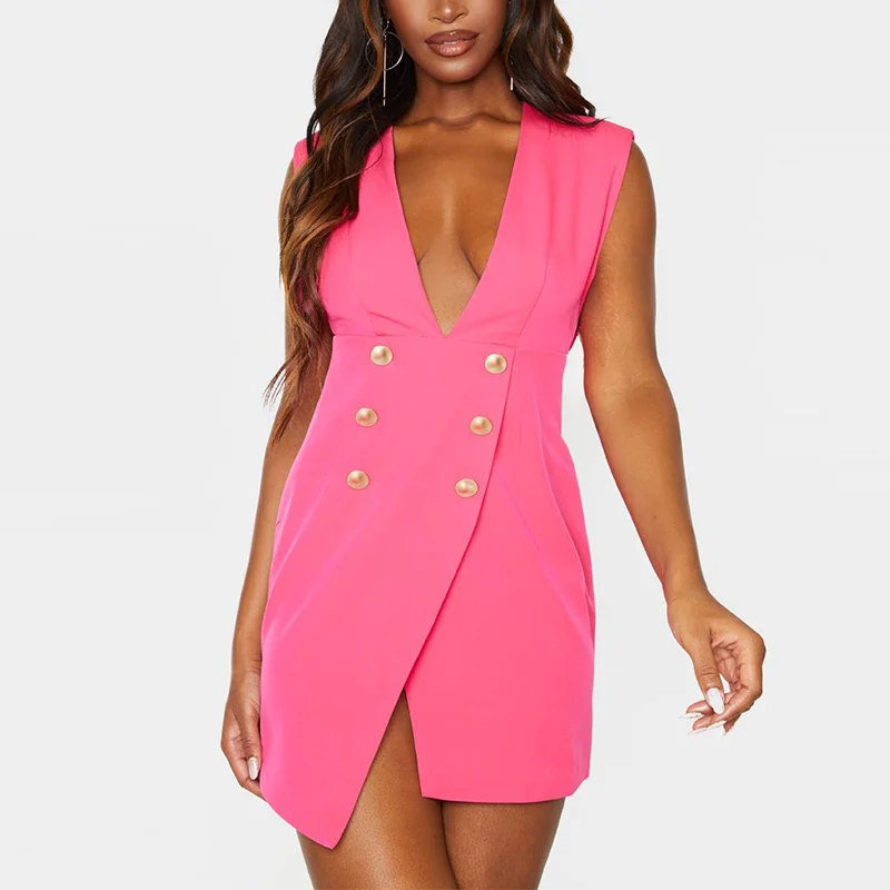 Hot Pink V Neck Sleeveless Asymmetrical Blazer Dress Women Office Suits Ladies