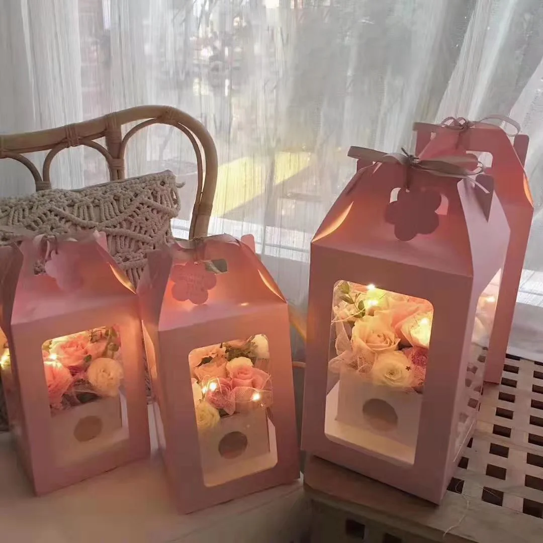Flower PVC Transparent Window Bag Flowers Hand Bags Gift Paper Bag Packaging Rose Flower Bouquet Box