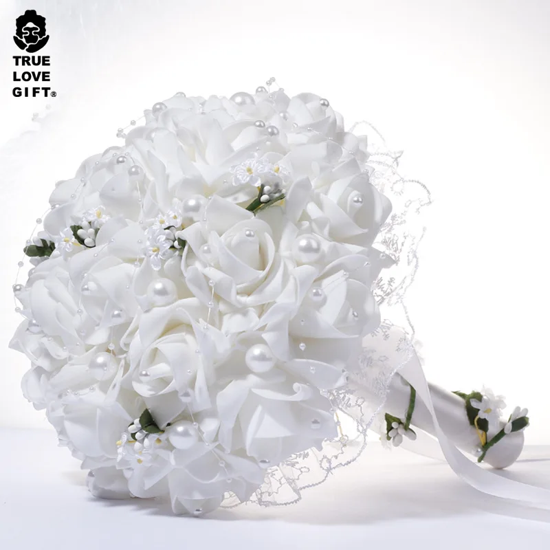 High quality Pearl Silk Rose Wedding bridal bouquet Tricolor Blue Red White bouquet de mariage