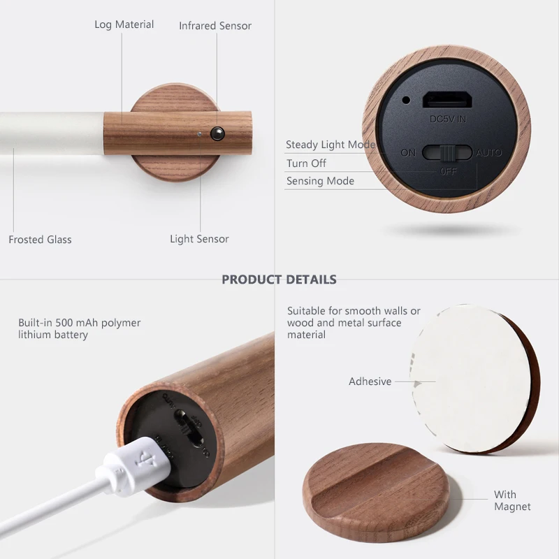 Modern Mini Wooden LED Night Light 500mAh Rechargeable Wall Lamp with Intelligent Body Sensor for Bedroom or Home Use