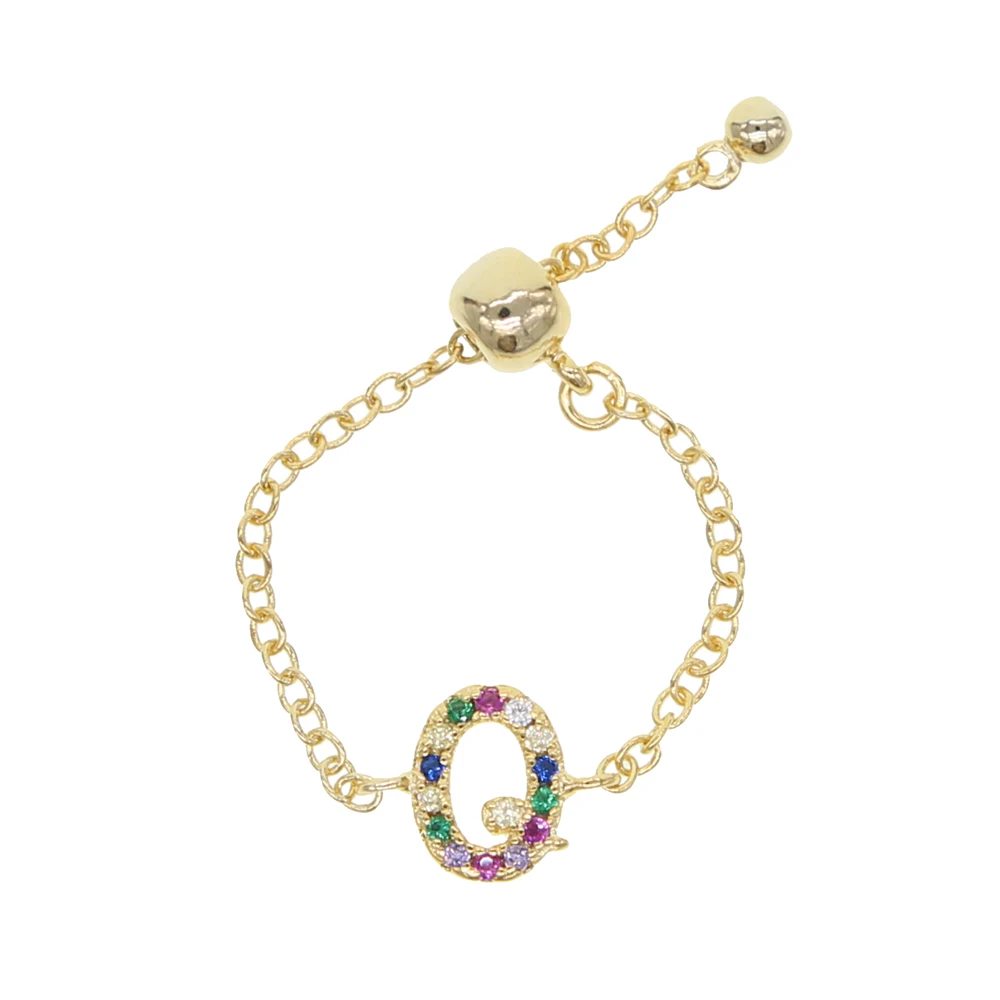 Tiny Chain New Design Chain Alphabet Rings A-Z Initial Name Ring Charm Jewelry New Adjust Ring For Girl Women Rainbow Jewelry