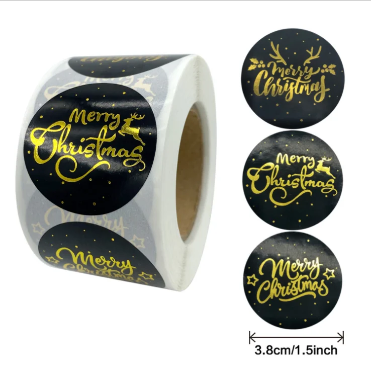 Gift box decoration Merry Christmas round Gold foil hot stamping Roll black Stickers