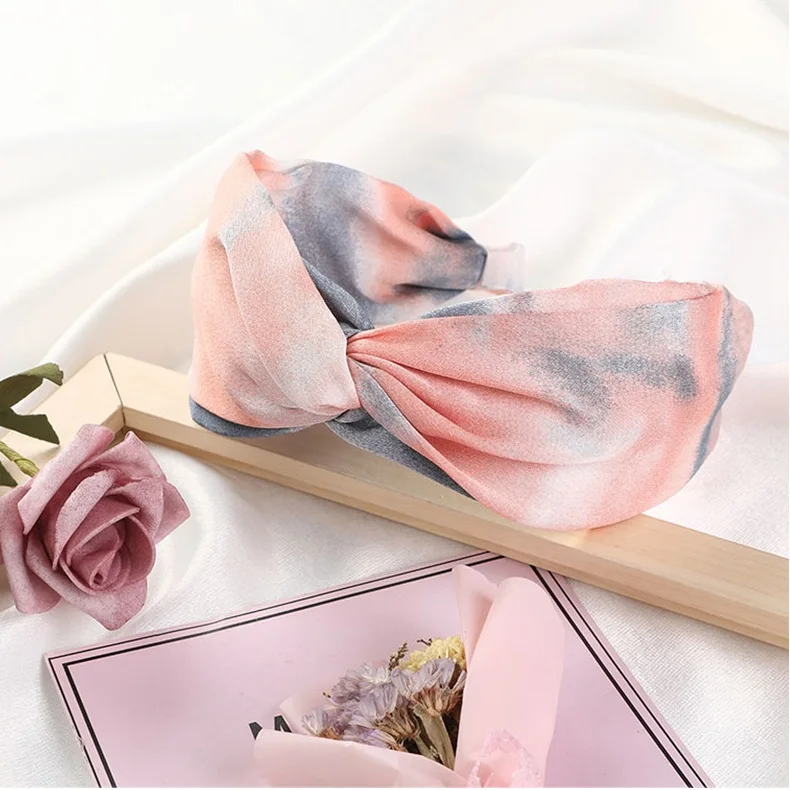 GEERDENG New Design Tie Dyed Satin Fabric Cross Knot Hairband Women Favorite Hair Trendy Chiffon Silk Headbands for Online Shops