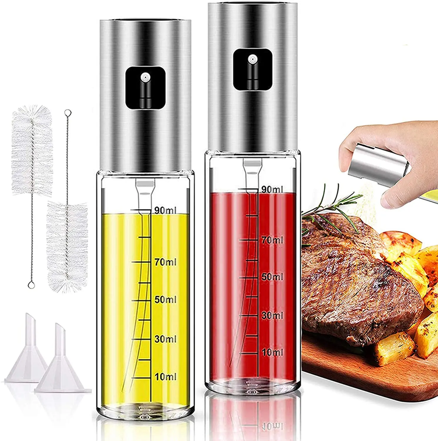 Custom glass spray bottle bbq stainless steel 100ml olive oil sprayer set for cooking with Cleaning brush & funnel