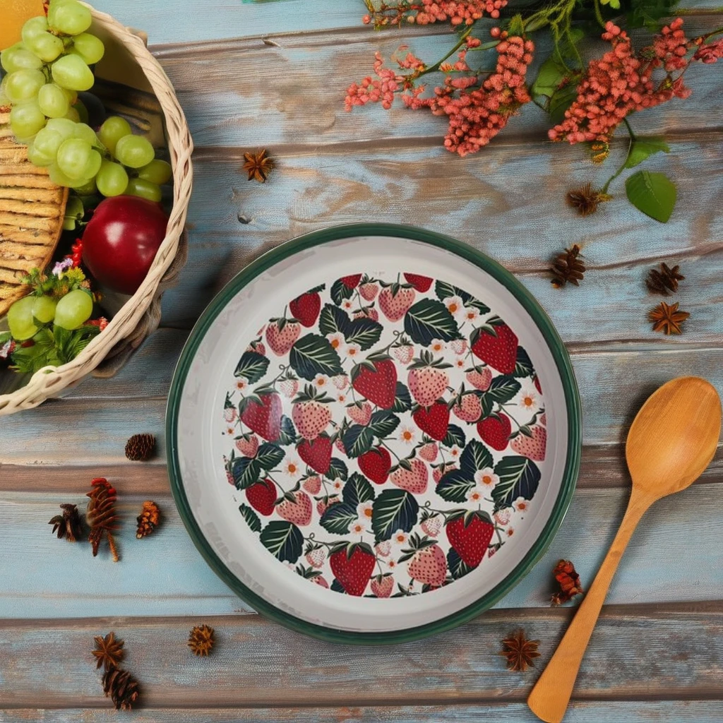 High Quality 25cm round Metal Fruit Tray with Handle Sustainable Enamel Technique Plate Dish for Serving Food for Camping