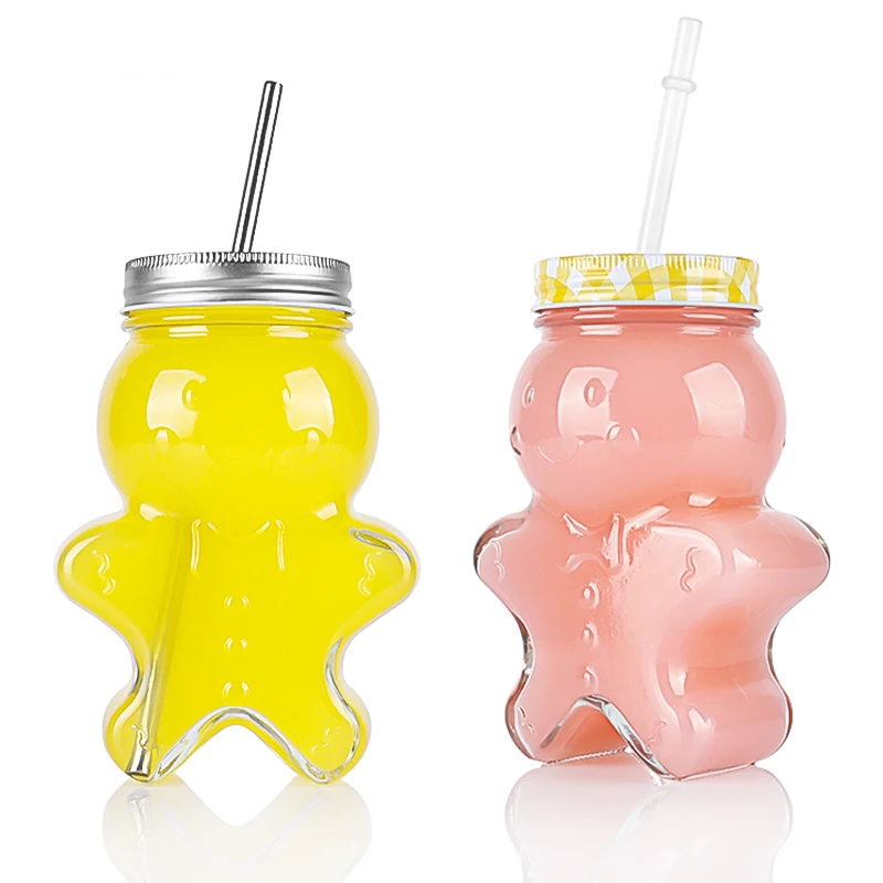 Gingerbread man design glass juice beverage bottles with twist off lids and straw 500ml
