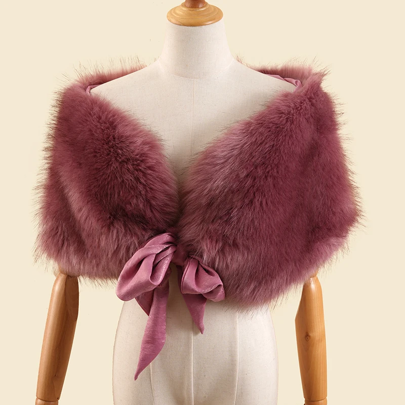 Fashion lady fake fur shawl fox cloak red faux fur shawl silk scarf tie