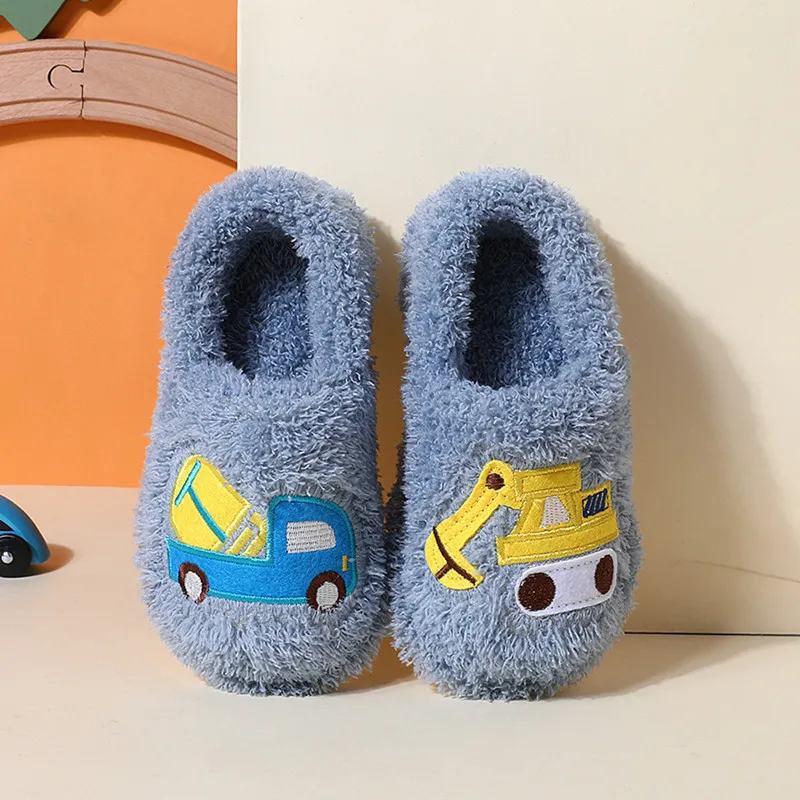Хлопковые теплые тапочки для мальчиков домашняя нескользящая Мягкая подошва мультяшный грузовик Детская шерстяная плюшевая обувь