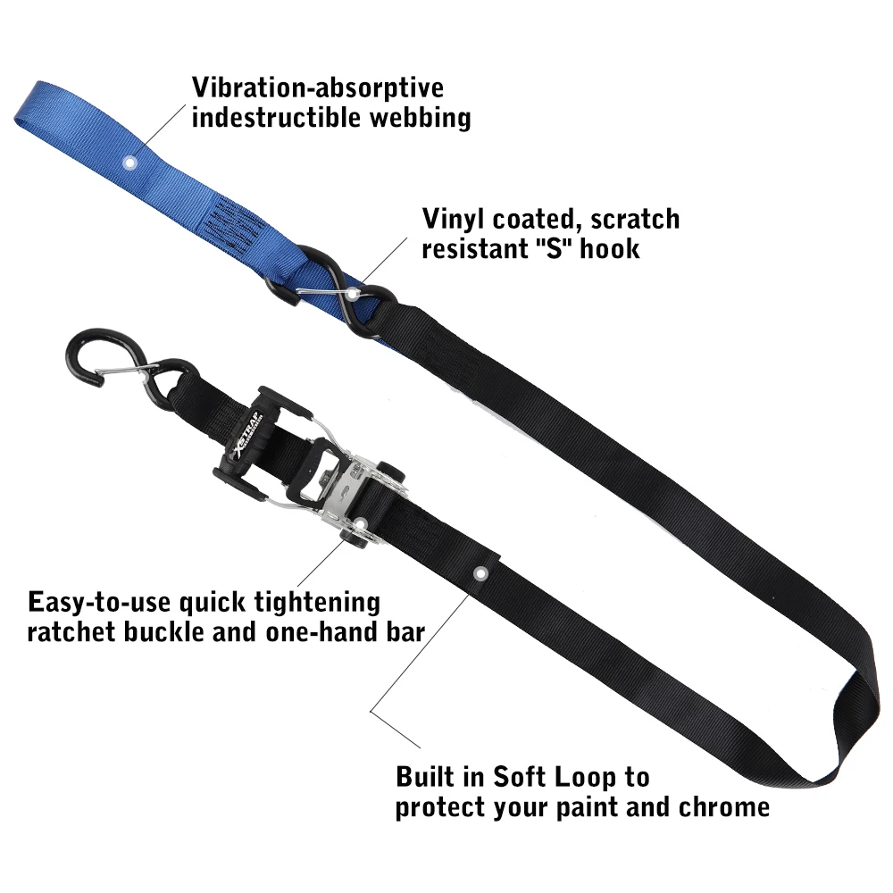 1.5 Inch 6 Feet Soft Loop Motorcycle Tie Down Straps With Safety Clip Hooks 3000LB Break Strength Heavy Duty Ratchet Logistics