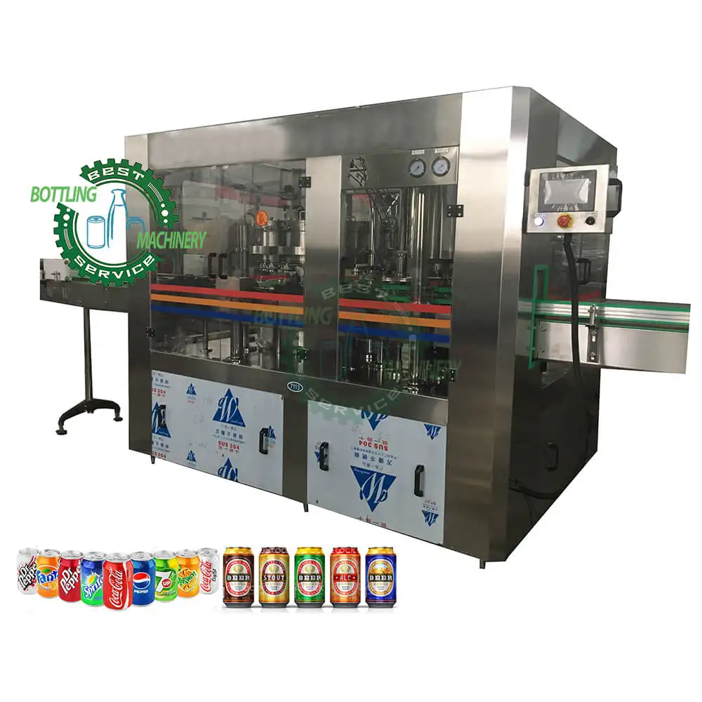 Complete 2 in 1 5000cph 18-4 carbonated sparkling wine bubble water 330ml 350ml pop can filling line plant equipment machinery