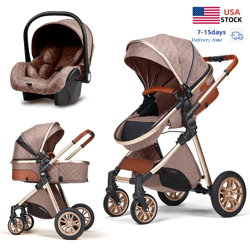 Luxury Baby Stroller 3 in 1 Folding Bi-directional High Landscape Stroller Artificial Leather