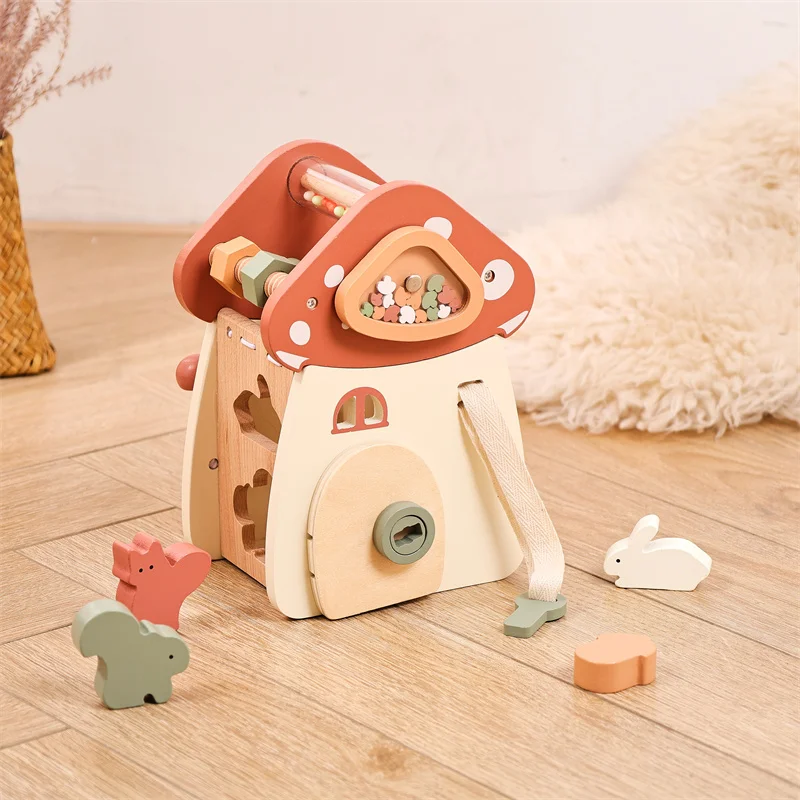 Montessori Early Educational Wooden Activity Cube Unisex Mushroom Baby Toy for 2-4 Years  Box Packed