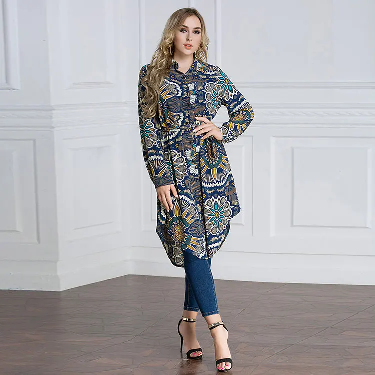 Factory Price Long Sleeve Tops Islamic Clothing Ethnic Floral Printed Muslim Lady Blouse Long Shirts