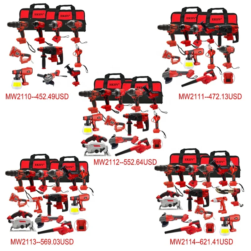 Ekiiv18V 20V Lithium-Ion Cordless Combo Kit complete tool sets Impact Drill Grinder Circular Saw Wrench Rotary Hammer Blower