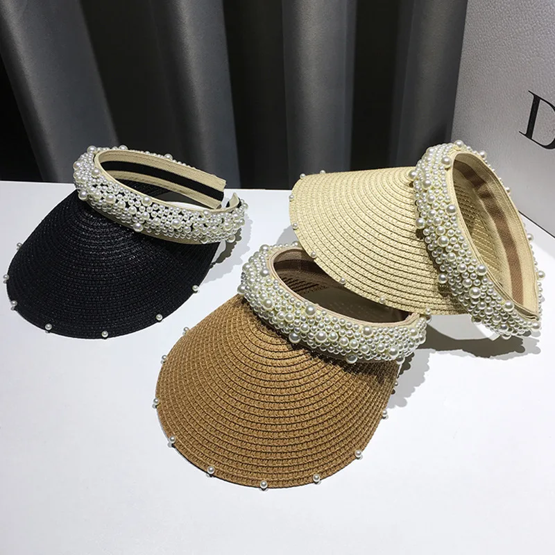 
Wholesale New Design female visor hat handmade empty top straw pearl hat outdoor summer sun travel beach fashion ladies hat 