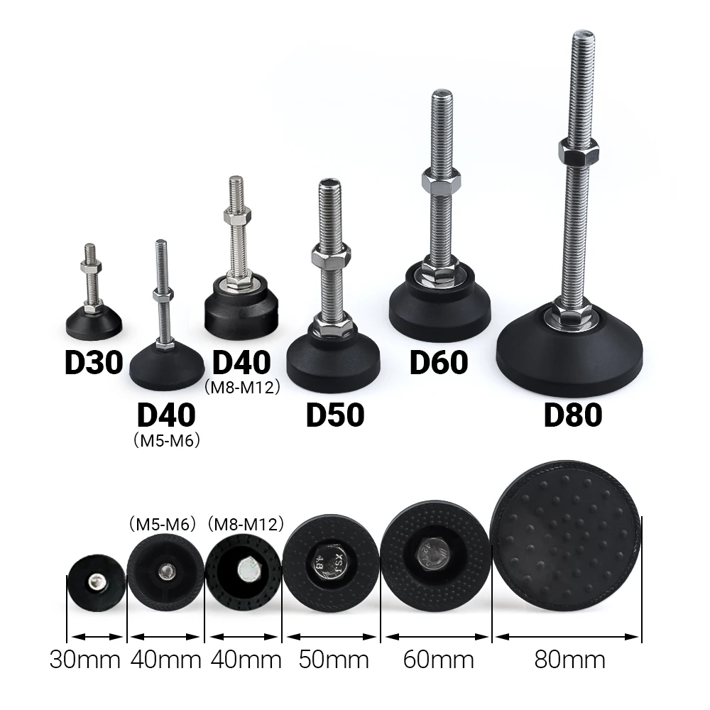 China manufacturers 60D M8/M10 Stainless Steel self Adjustable Leveling Mounts Feet Cabinet With Nylon Base  for T SLOT PROFILE