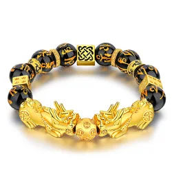Women Men Real Gold Plated Black Buddha Beads Bracelet Lucky Money Feng Shui Pixiu Mani Mantra Black Obsidian Wealth Bracelet