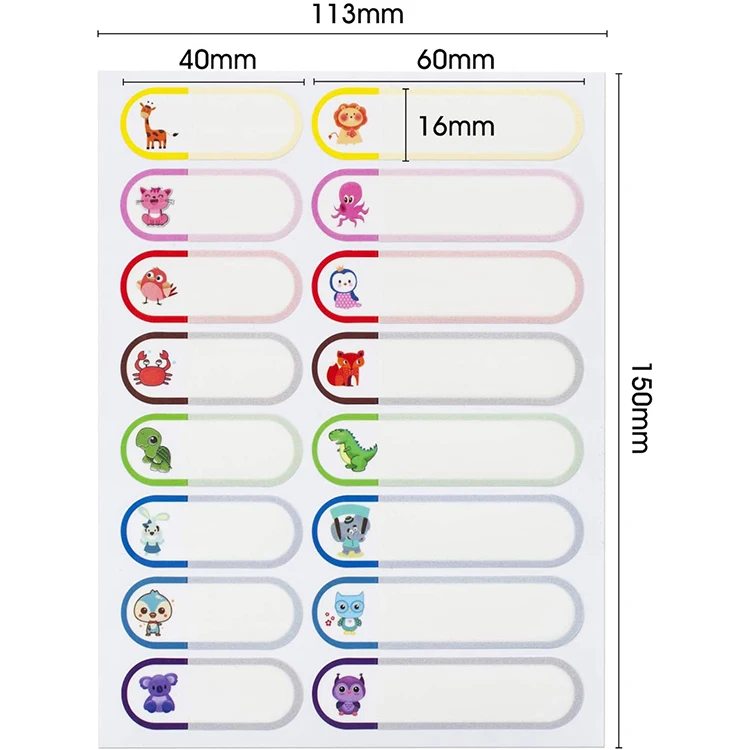 Cute designs water resistant cartoon decorative name label stickers for kids