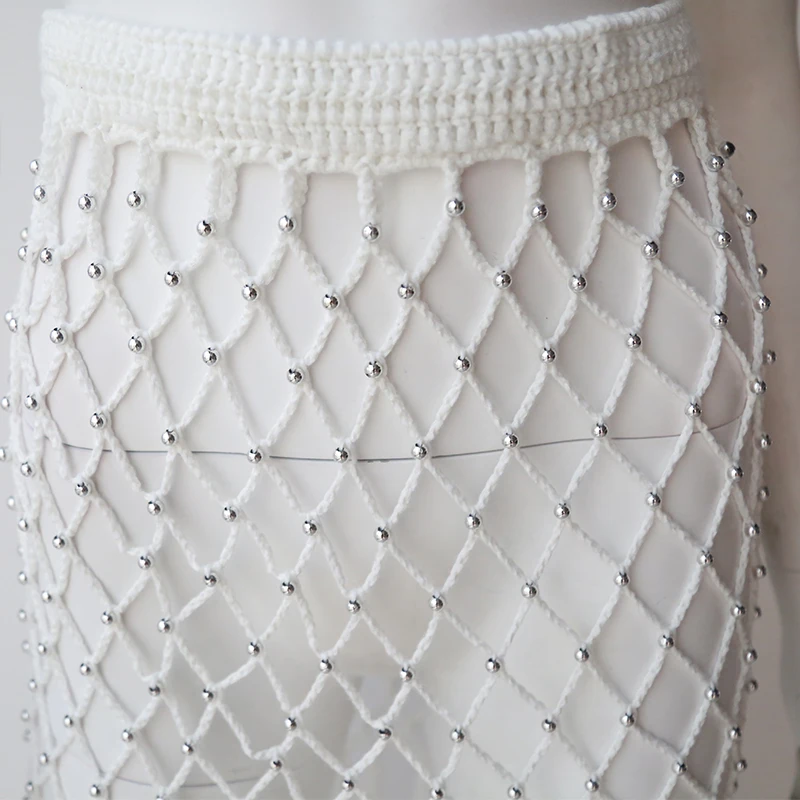 
Europe Custom Hot Sexy Diamond Weave With Bead And Tassel Details Cover Up Bikini Stretch Crochet Pencil Midi Skirts Women 