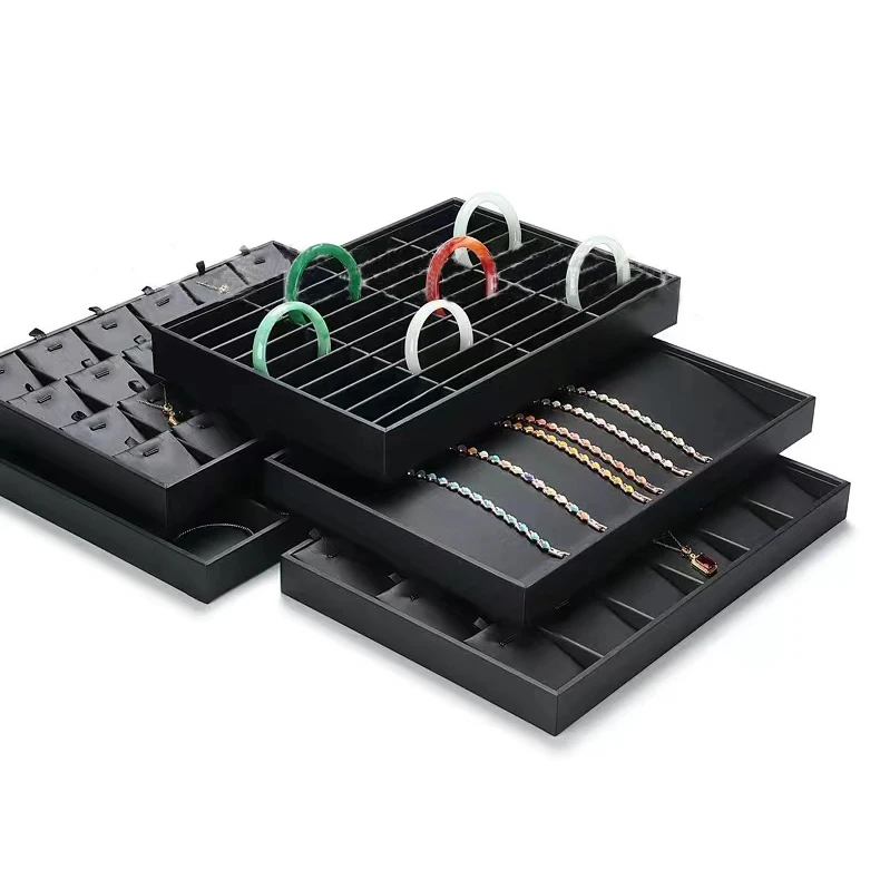 Black brushed leather necklace earrings ring bracelet display tray Jewelry display rack tray