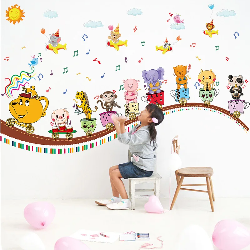 Nordic Cartoon Animals Wall Stickers For Kids Rooms Girls Boys Baby Room Decoration Giraffe Elephant Musical Note Cup Wallpaper