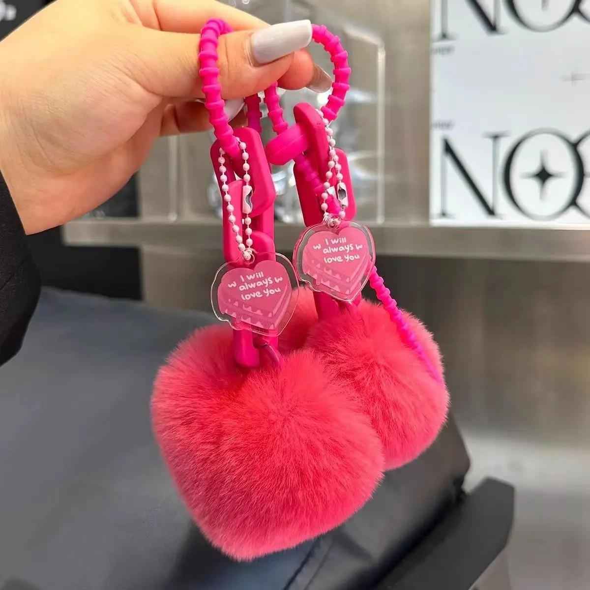 Peach Heart Chain Keychain Cute Imitate Rex Rabbit Fur Silicone Exquisite Schoolbag Pendant Plush Keyring