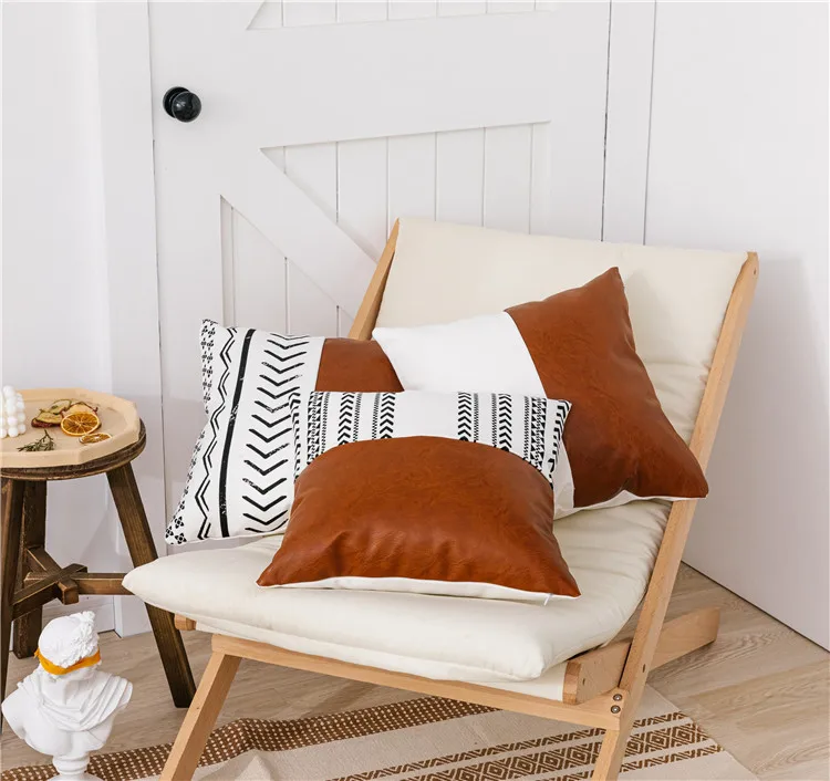 Moroccan White And Black Print 18 X 18 Cushion Cover Home Sofa Decorative Joint Faux Leather Throw Pillow Cushion Cover Set