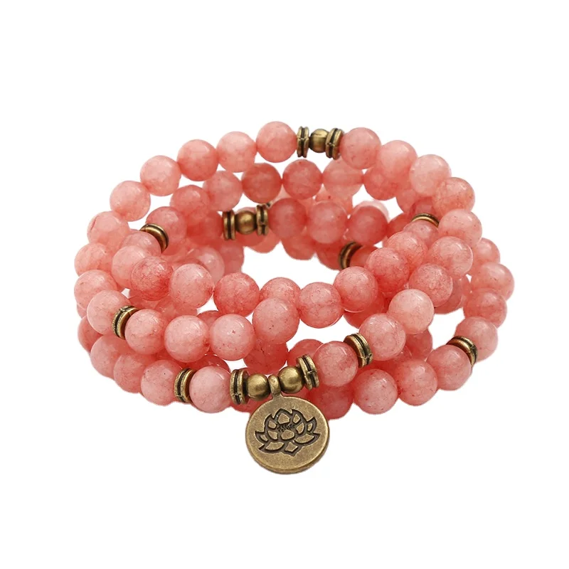 Natural Mashan Jade Watermelon Red Bracelet Gemstone Red Agate White Line Stone Carved Coral Beads