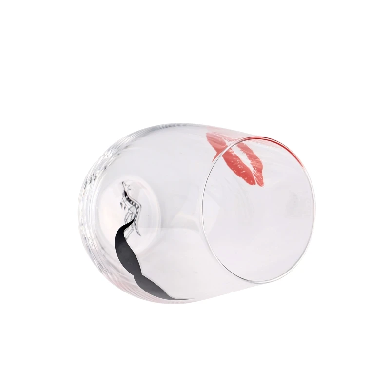 Machine Blown Stemless Egg Shape Clear Glass Cup Soft Drinks Glass With Moustache And Lipstick Pattern Decal Printing