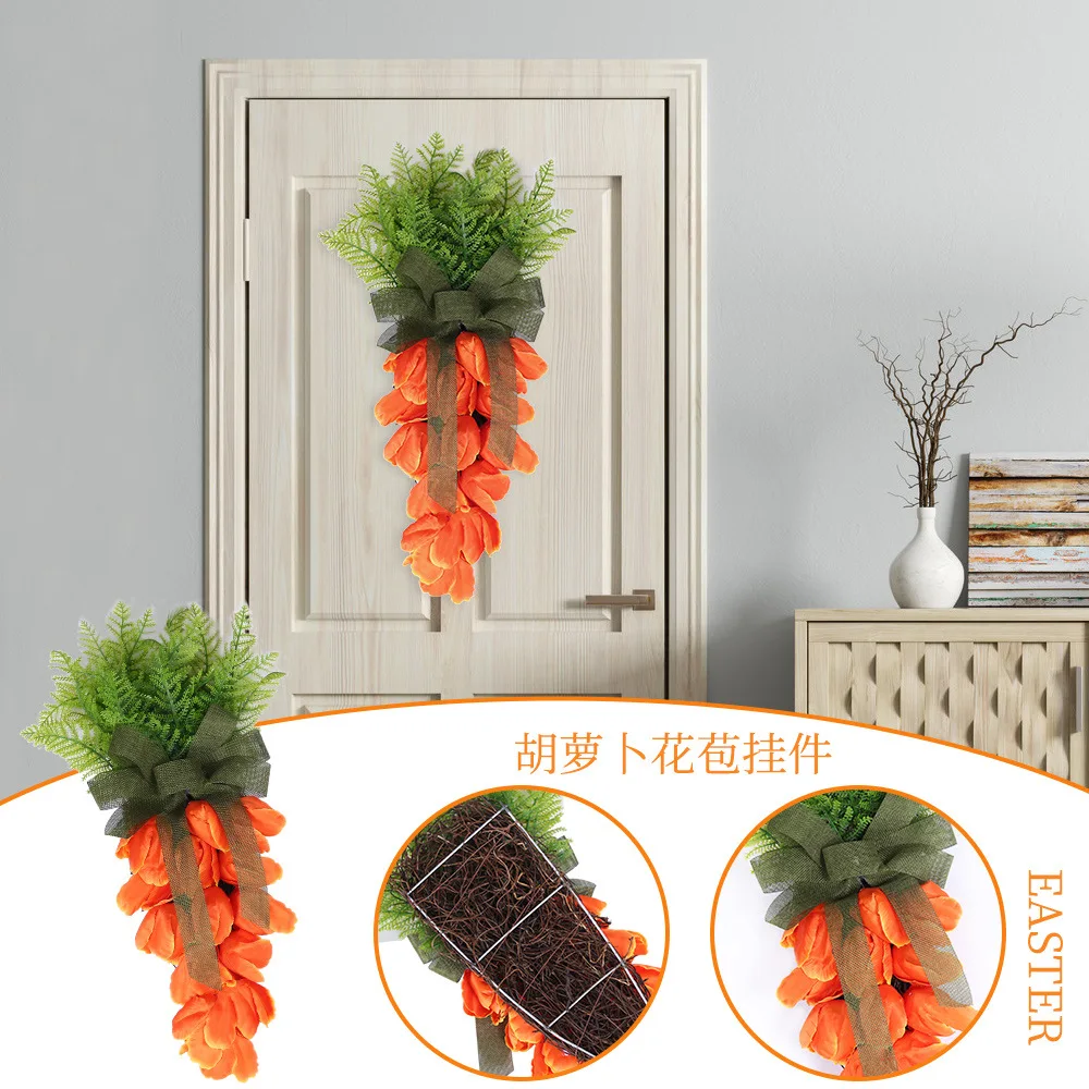 2022 New Easter Decoration Carrot Pendant  Flower Bow Door Decoration Front Wall Hanging Decorations