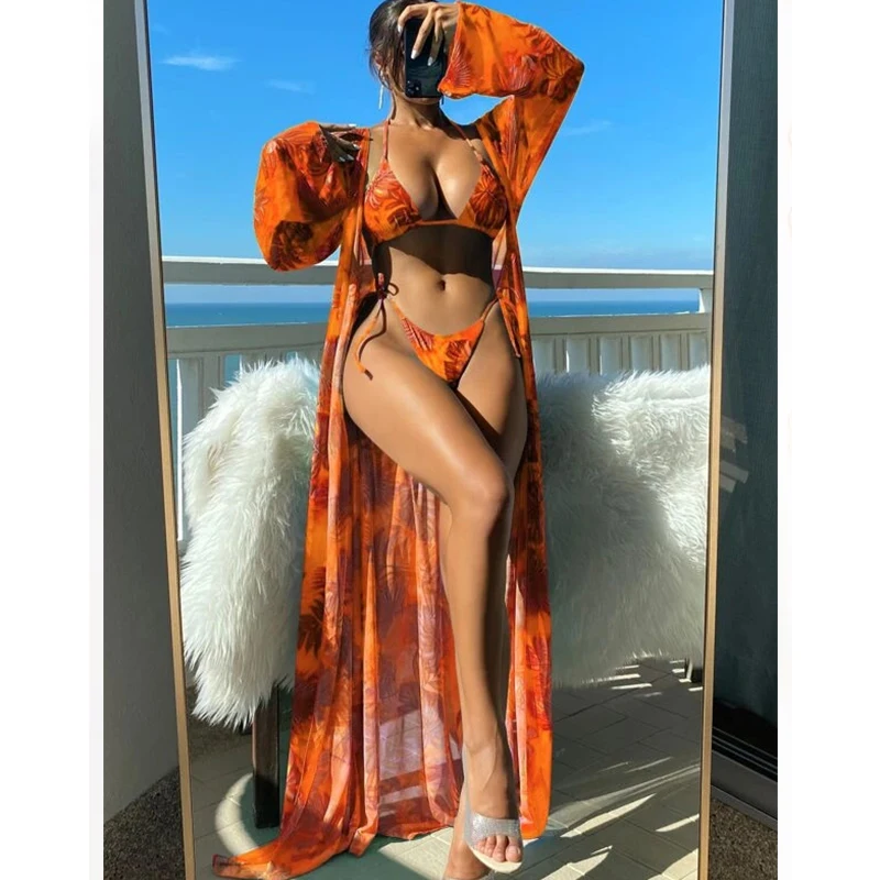 Beach Women Sexy 3pcs Colourful  Floral Print Bandage Swimwear Swimsuit Bikini with Cover Up Dress Swim Bathing Suit For Women