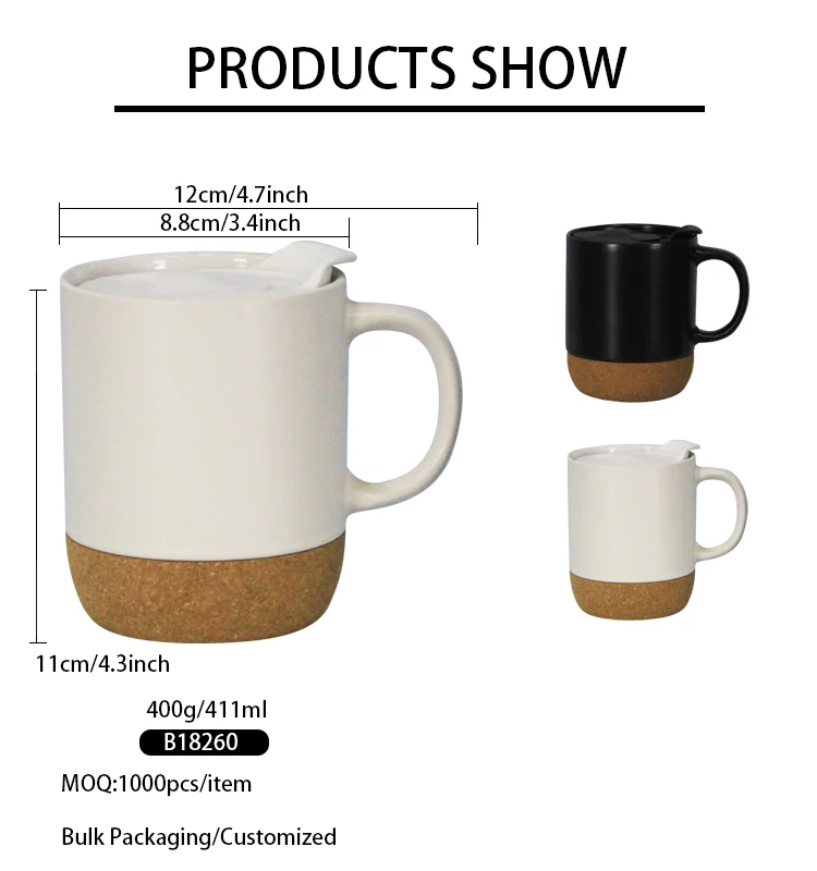 coffee Cup Cork Bottom PP Lid 12OZ White Ceramic Coffee Mugs Manufacturer With Logo Supplier Custom Customizable Wholesale