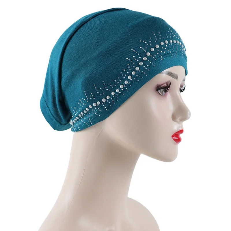 New Arrival Pearl Beaded Turban Underscarf Muslim Women Stretchy Modal Bronzing Diamond Jersey Inner Hijab Cap