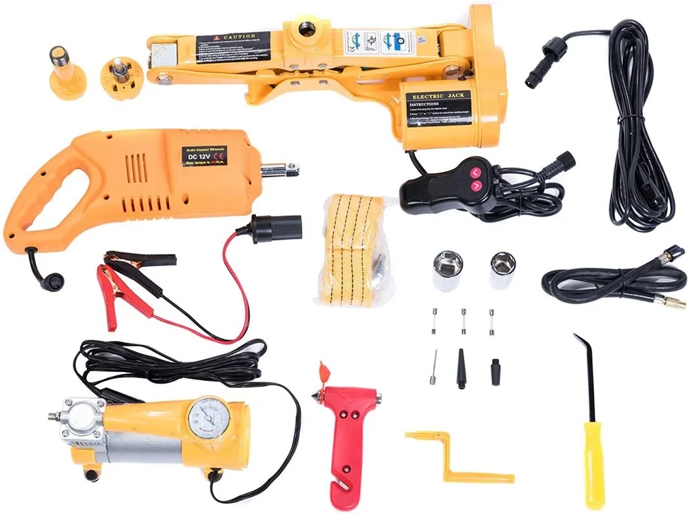 DC12V 2T/3.0T(6600 lbs) Electric Scissor Jack and Electric Impact Wrench and Inflator Pump 3-in-1 Car Repair Tool Kit
