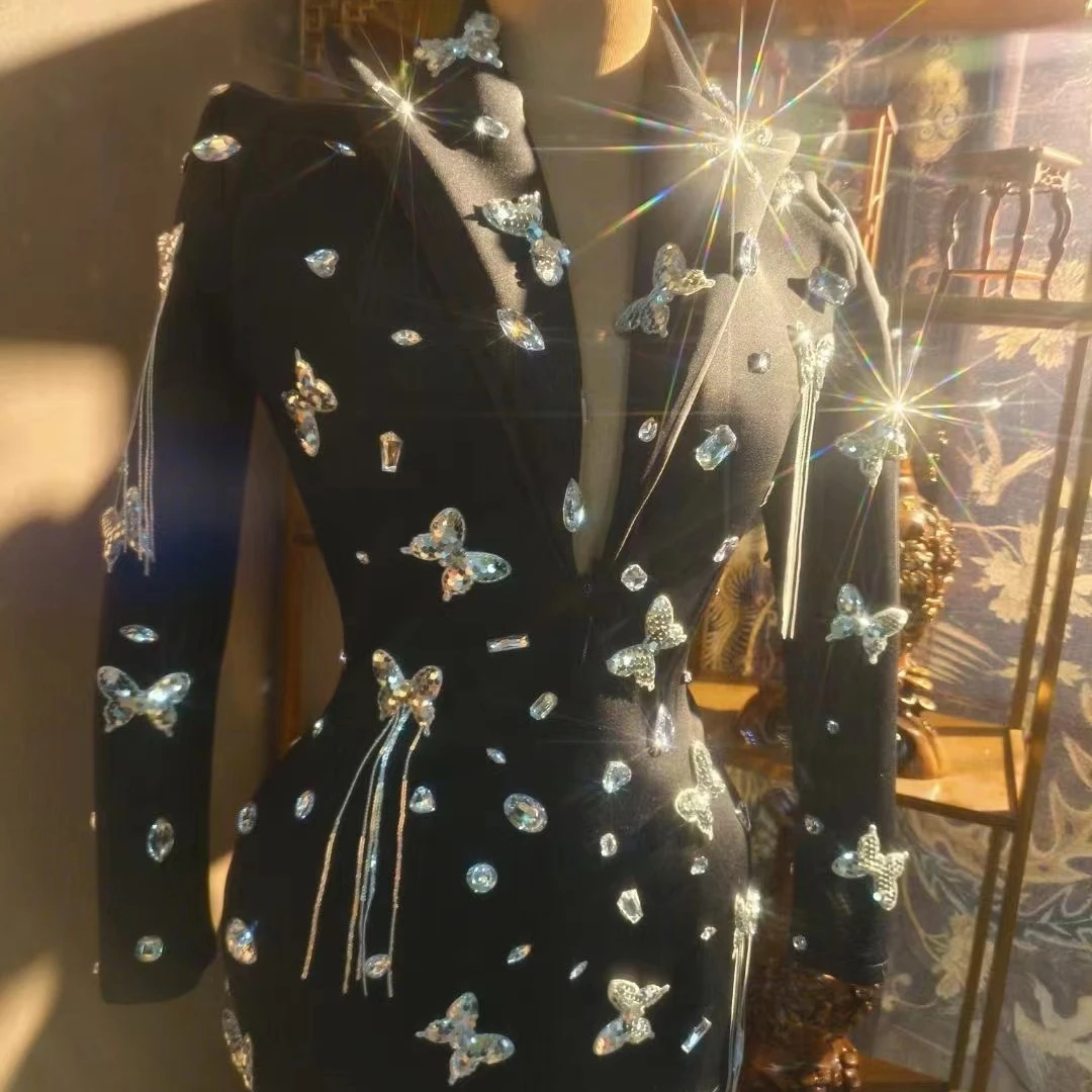 AD1726 New Arrival High Quality V Neck Black Dress With Sleeve Tassel Sexy Club Mini Butterfly Dresses