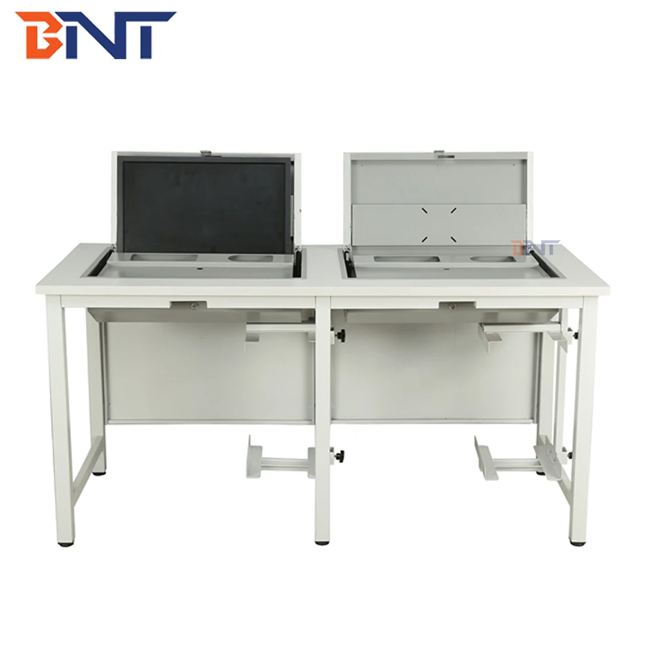 BNT office equipment high gray cold rolled steel material manual flip up computer desk dual monitor computer table for classroom