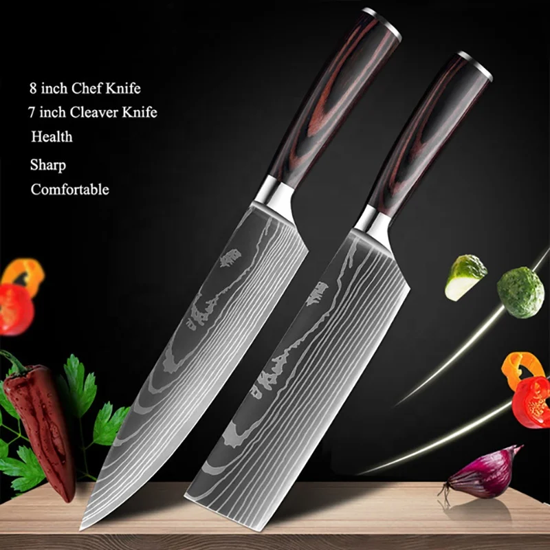 Kitchen accessories 5cr15 stainless steel damascus pattern kitchen chef knife kitchen knives set with colored wood handle