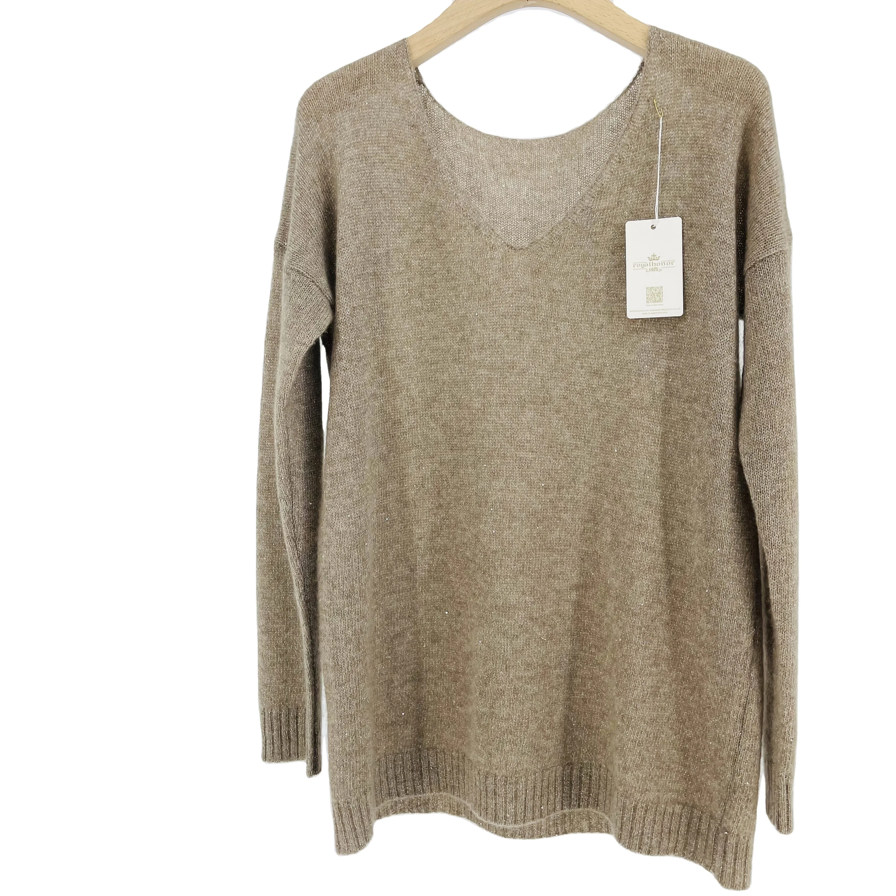 stock wholesale 100% pure cashmere women turtle neck lurex striped pullover V-neck cashmere pullover with lurex for women