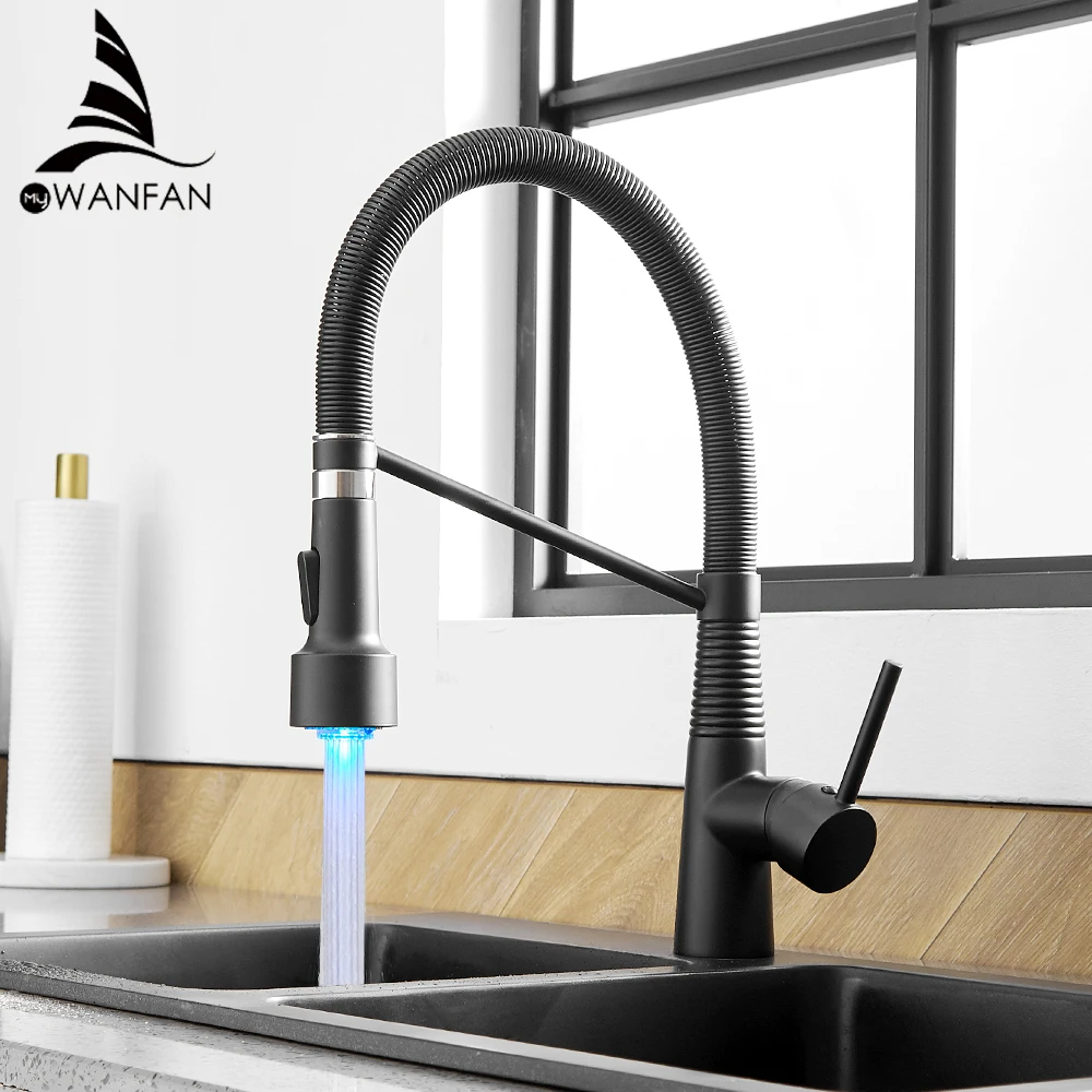 Factory Direct offer LED Kitchen Faucet With Pull-Out Feature Modern Black Waterfall Design Kitchen Faucet With Ceramic Spool