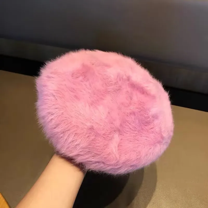 2025 Winter Beret Femme Solid Color Outdoor Wool Boina for Girl Warmth Soft Plush Rabbit Korean Beret