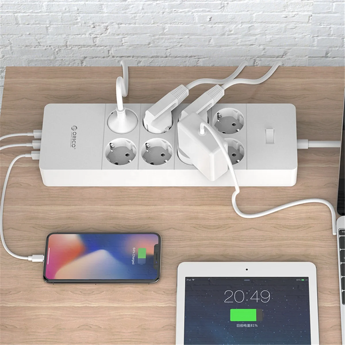 240V 8 AC EU Socket Extension Outlet Power Strip with 5 USB Charging Port HPC-8A5U-V1-EU