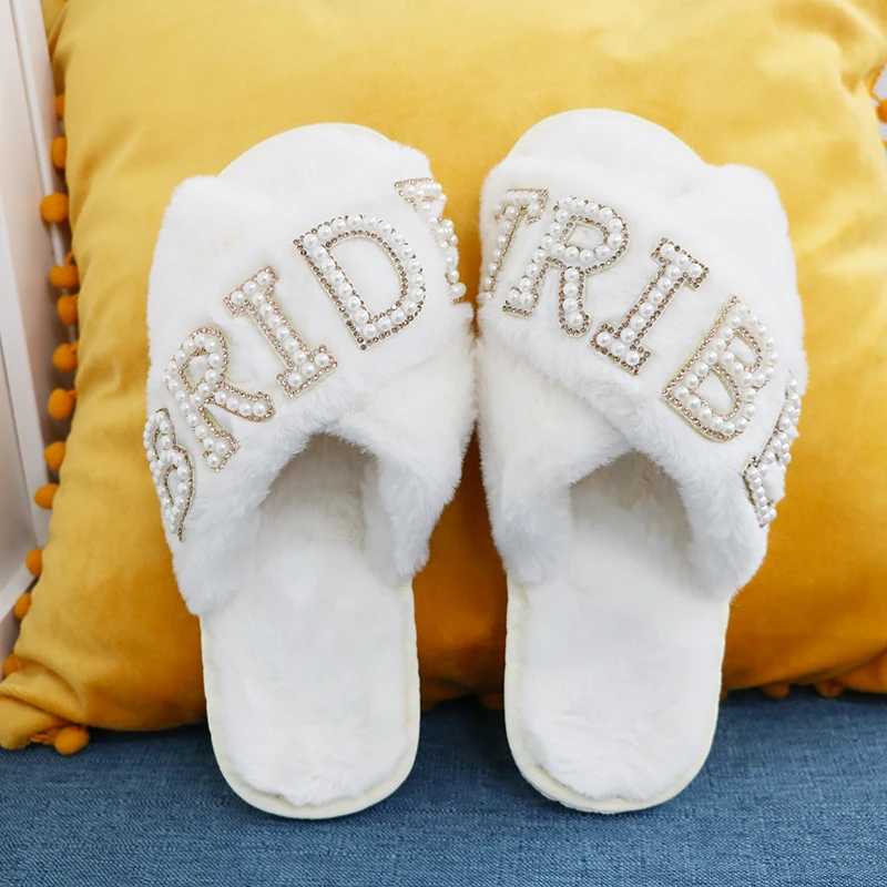 Wholesale OEM Pearl Patch Warm Plush Wedding Slides Rhinestone Bride Cross Band Handmade Slippers For Bride Bridesmaid